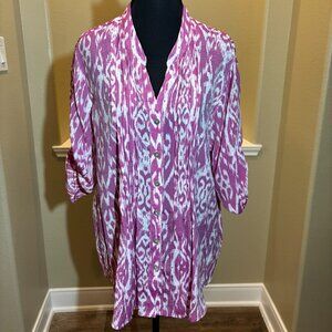 Ruby Rd. Pink White Button Down V-Neck Top Size XL